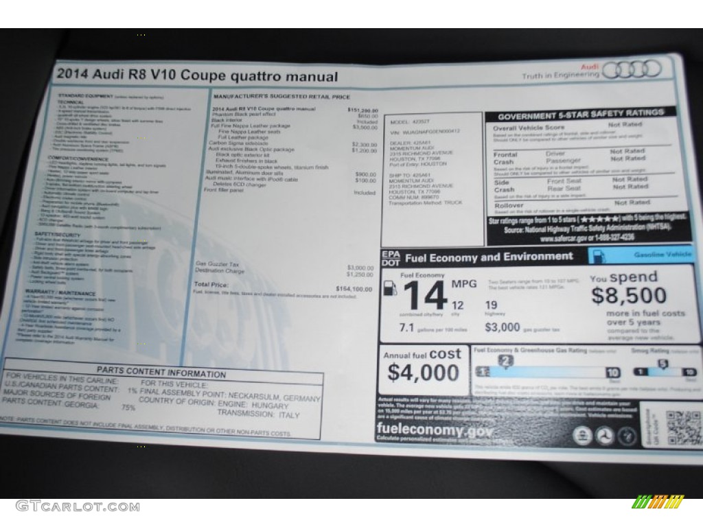 2014 Audi R8 Coupe V10 Window Sticker Photo #82570025