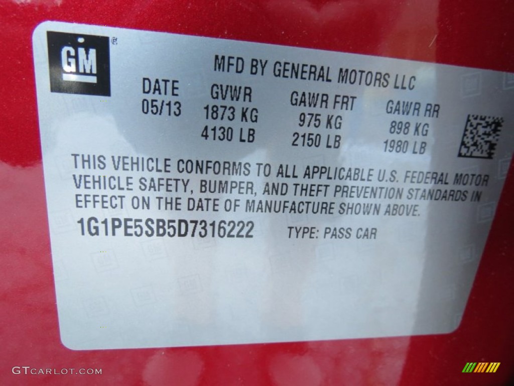 2013 Chevrolet Cruze LT/RS Info Tag Photo #82585765