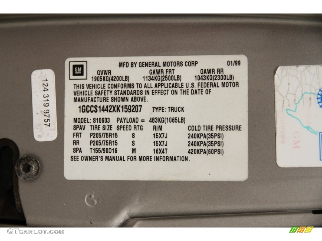 1999 Chevrolet S10 Regular Cab Info Tag Photos