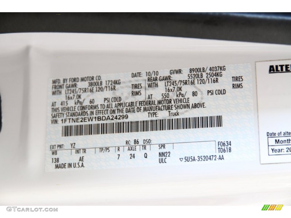2011 Ford E Series Van E250 XL Cargo Color Code Photos