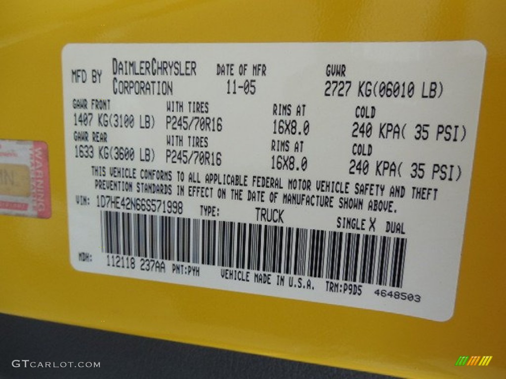 2006 Dakota Color Code PYH for Solar Yellow Photo #82634729