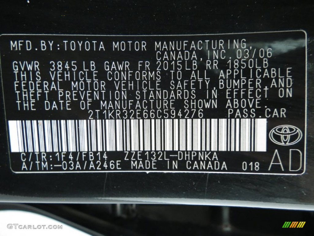 2006 Toyota Matrix XR Color Code Photos