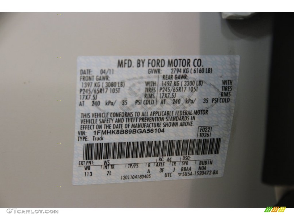 2011 Ford Explorer 4WD Color Code Photos