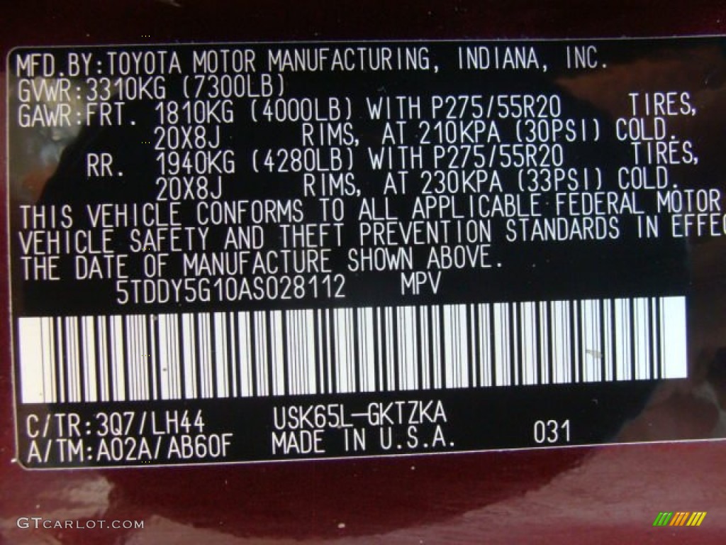 2010 Toyota Sequoia Platinum 4WD Color Code Photos