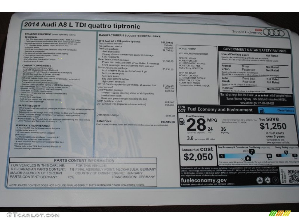 2014 Audi A8 L TDI quattro Window Sticker Photo #82682588