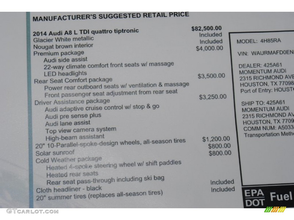 2014 Audi A8 L TDI quattro Window Sticker Photo #82682608