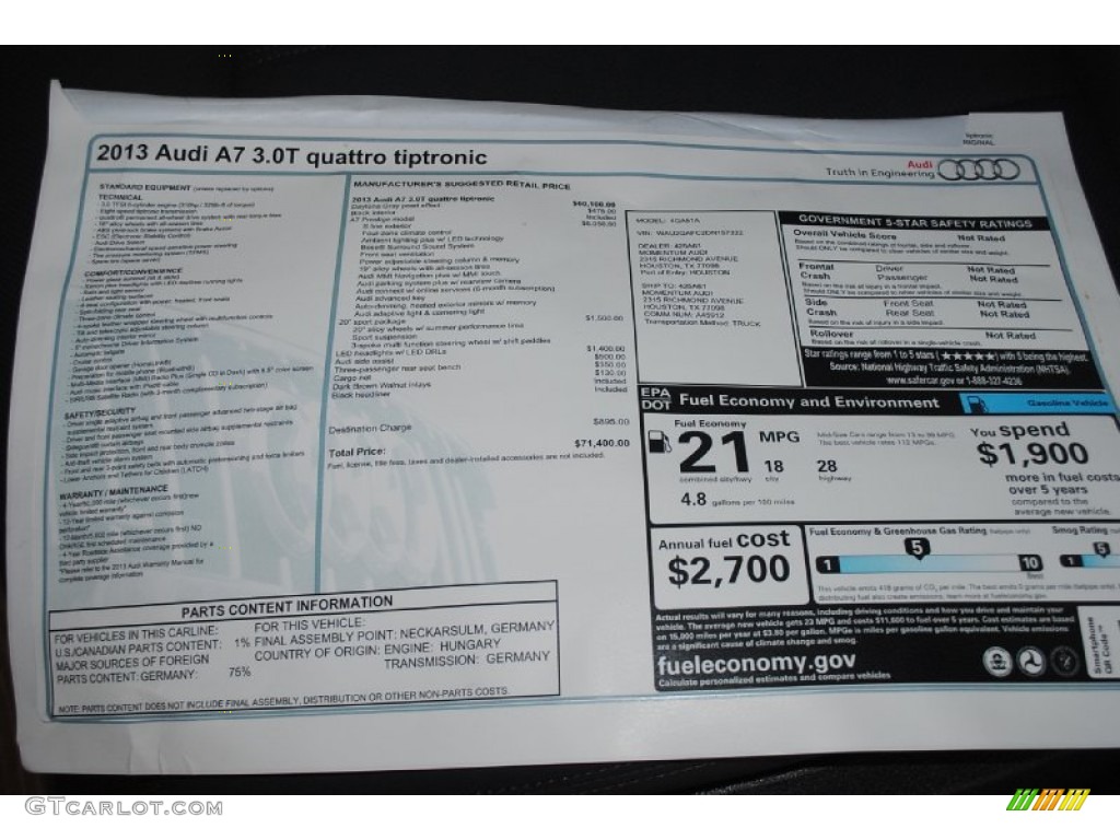 2013 Audi A7 3.0T quattro Prestige Window Sticker Photo #82685296