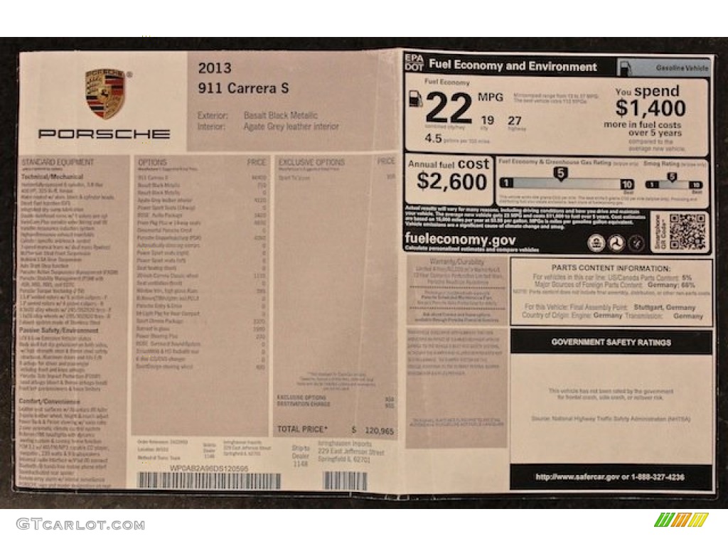 2013 Porsche 911 Carrera S Coupe Window Sticker Photo #82696216