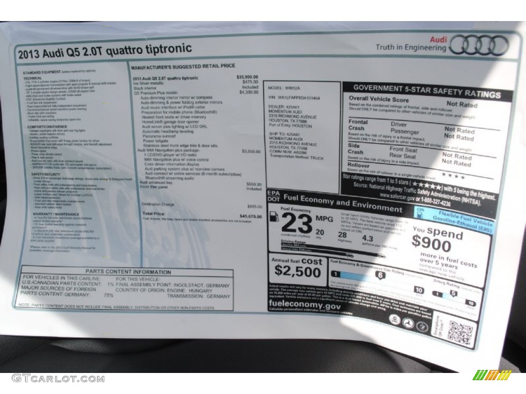 2013 Audi Q5 2.0 TFSI quattro Window Sticker Photo #82700497