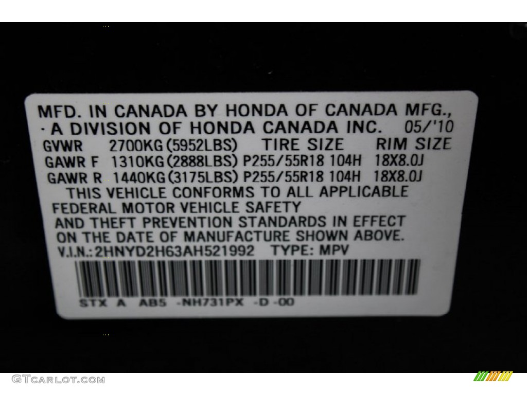 2010 Acura MDX Technology Color Code Photos