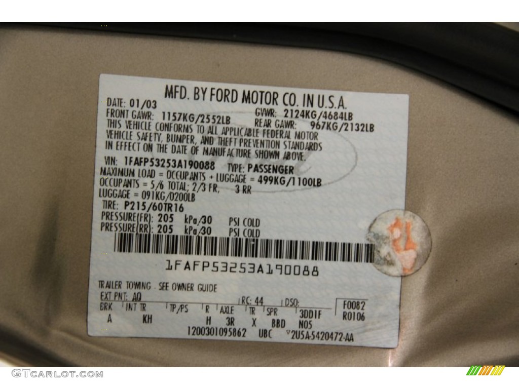 2003 Ford Taurus SE Color Code Photos