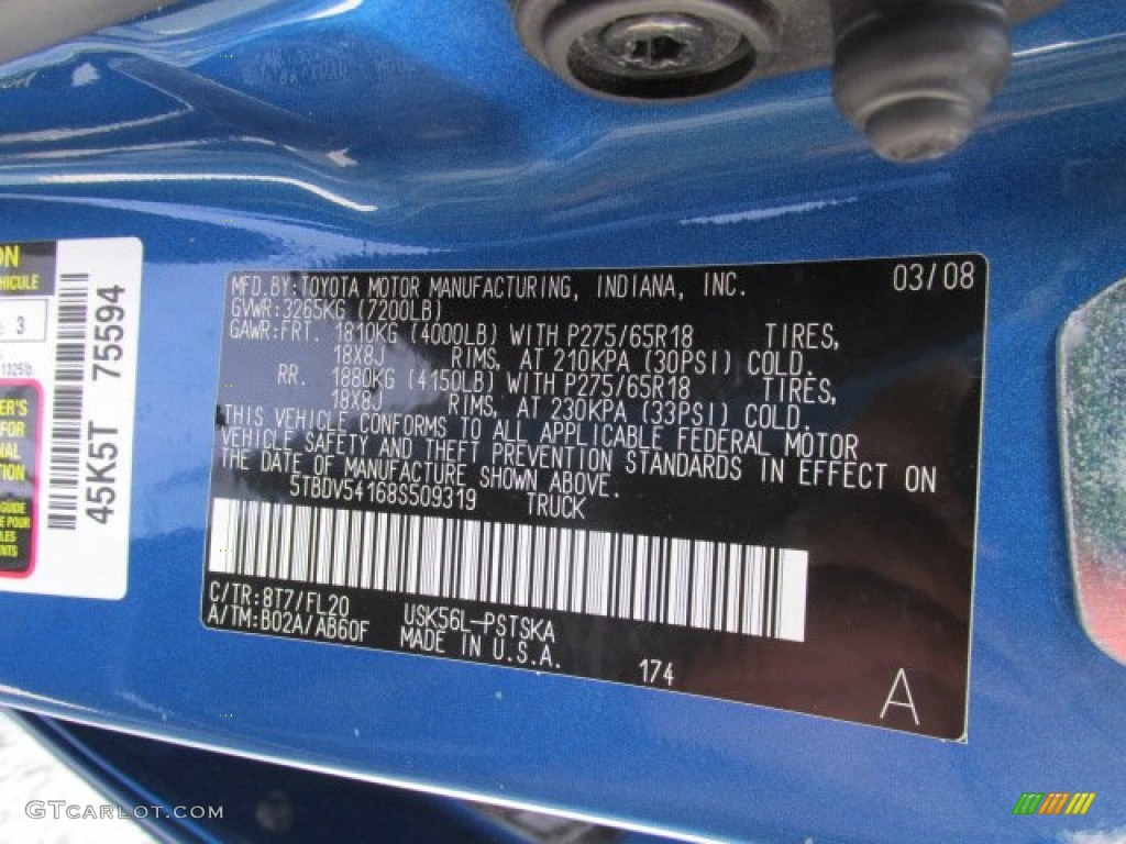 2008 Tundra Color Code 8T7 for Blue Streak Metallic Photo #82733505