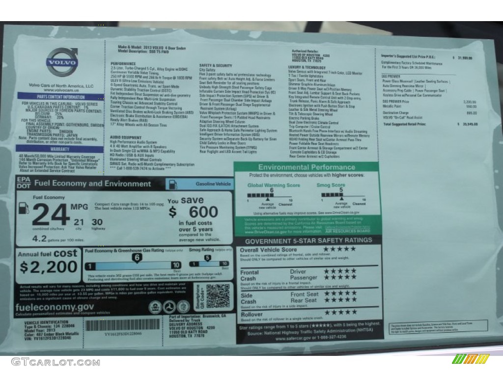 2013 Volvo S60 T5 Window Sticker Photo #82733823
