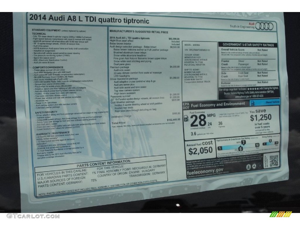 2014 Audi A8 L TDI quattro Window Sticker Photo #82743292