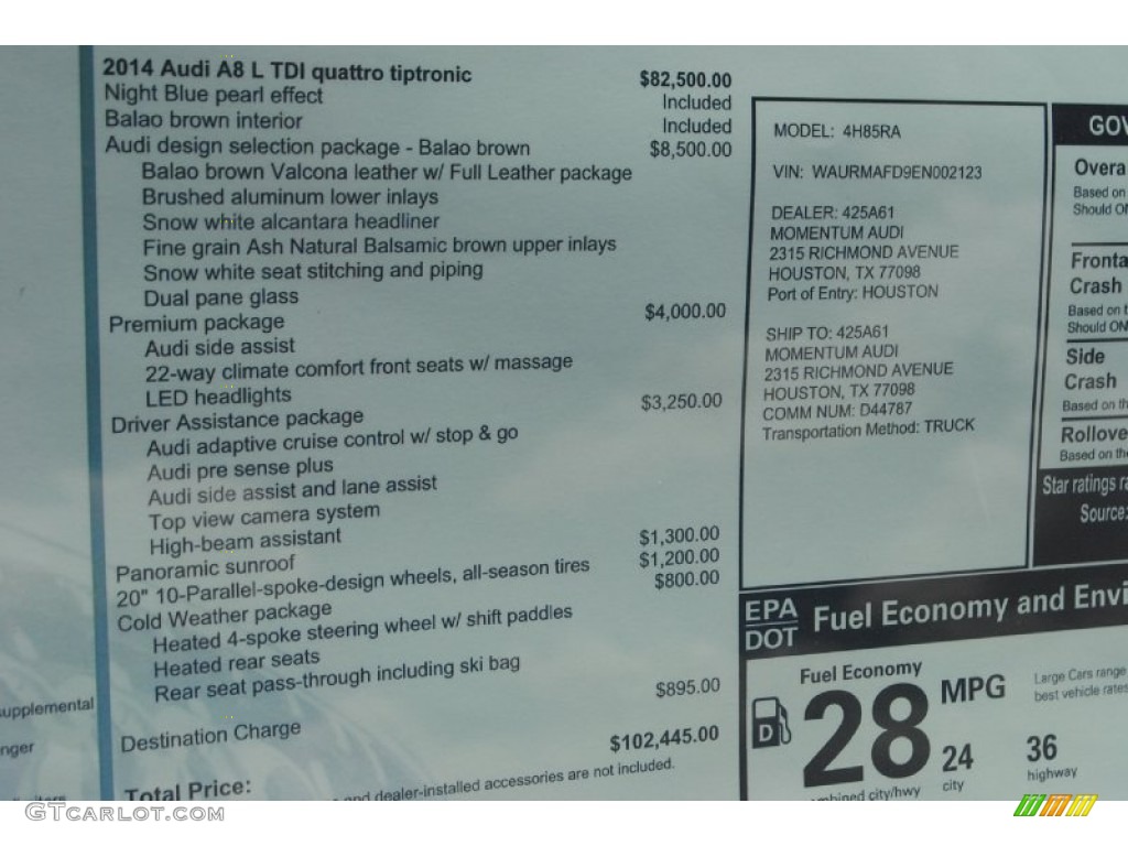 2014 Audi A8 L TDI quattro Window Sticker Photo #82743315