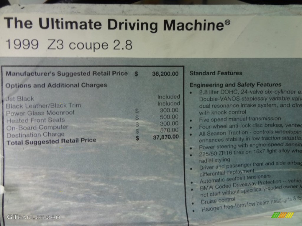 1999 BMW Z3 2.8 Coupe Window Sticker Photo #82748708