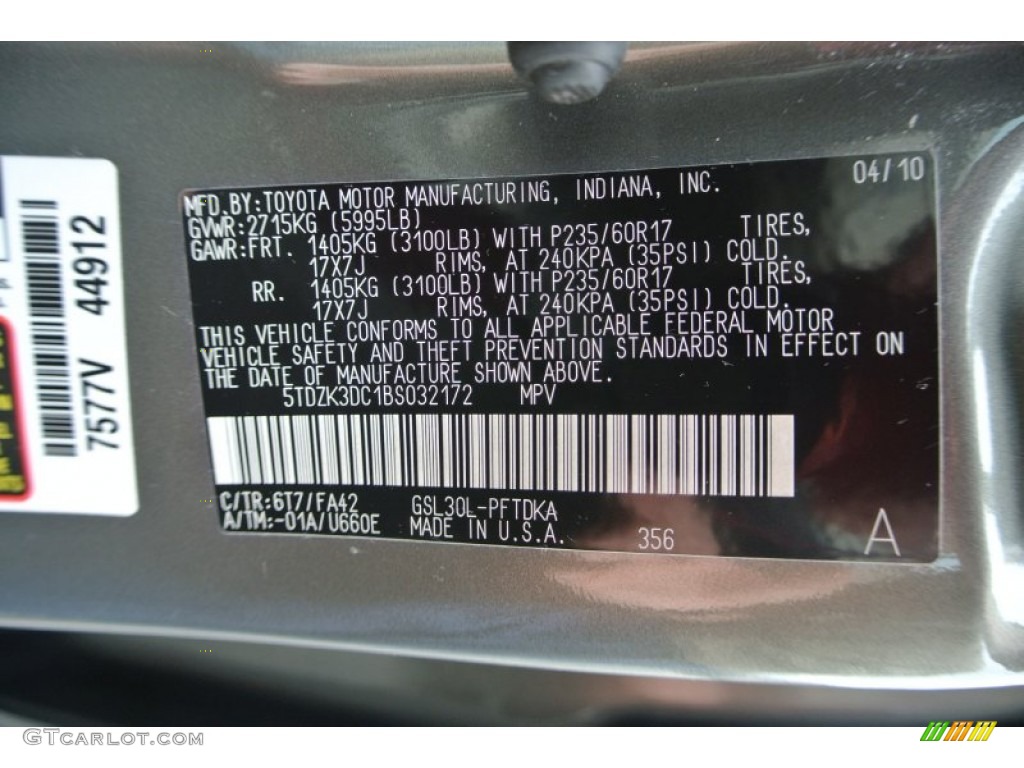 2011 Toyota Sienna V6 Color Code Photos