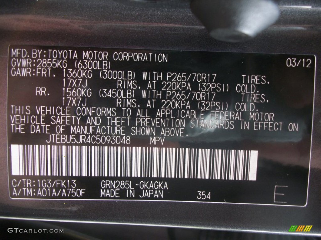 2012 Toyota 4Runner SR5 4x4 Color Code Photos