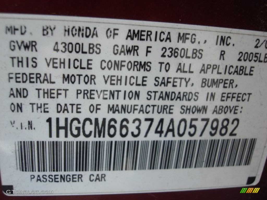 2004 Honda Accord LX V6 Sedan Info Tag Photo #82800643