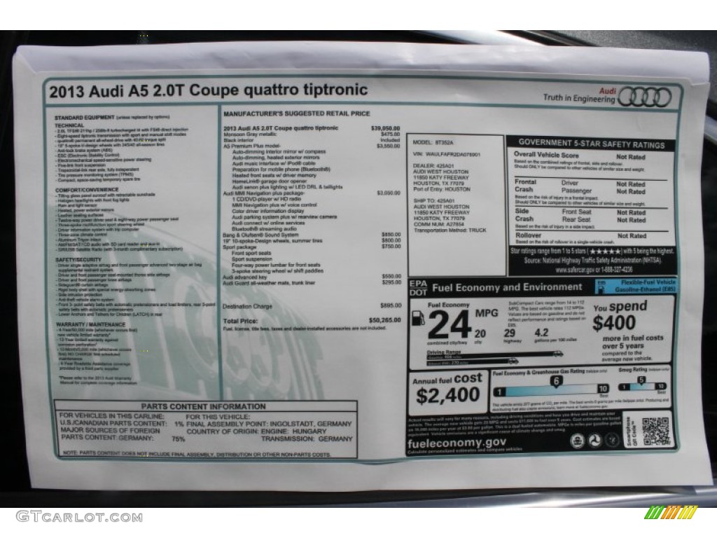 2013 Audi A5 2.0T quattro Coupe Window Sticker Photo #82814466