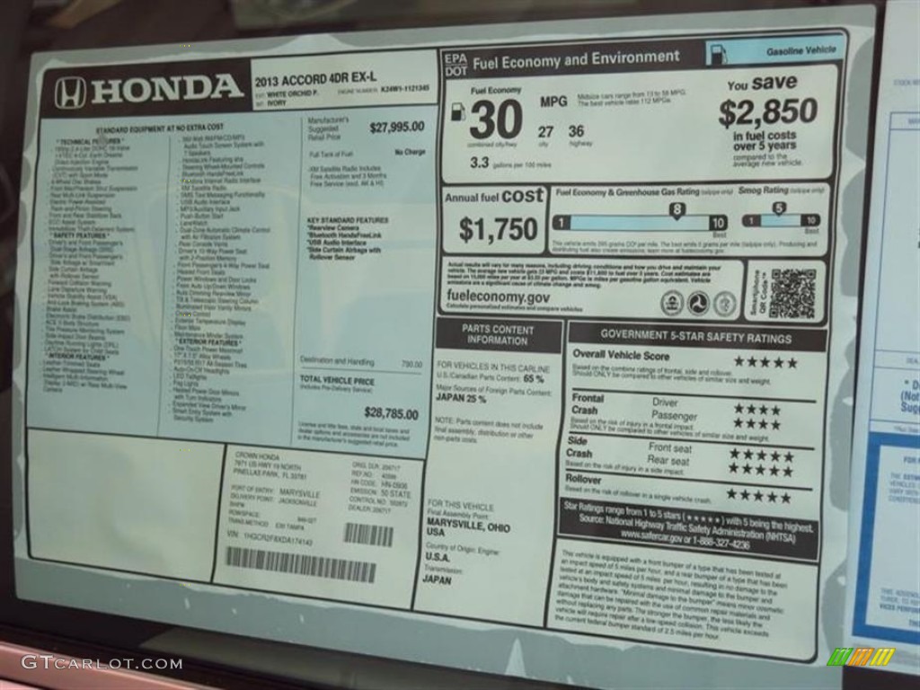 2013 Honda Accord EX-L Sedan Window Sticker Photos