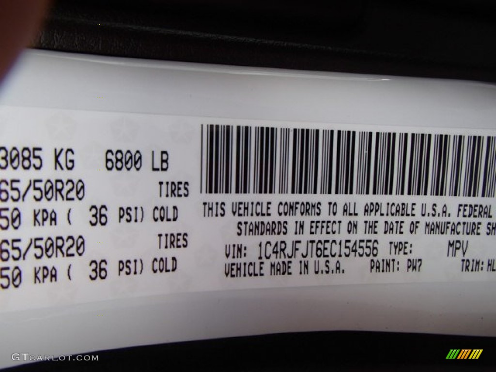 2014 Grand Cherokee Color Code PW7 for Bright White Photo #82859732
