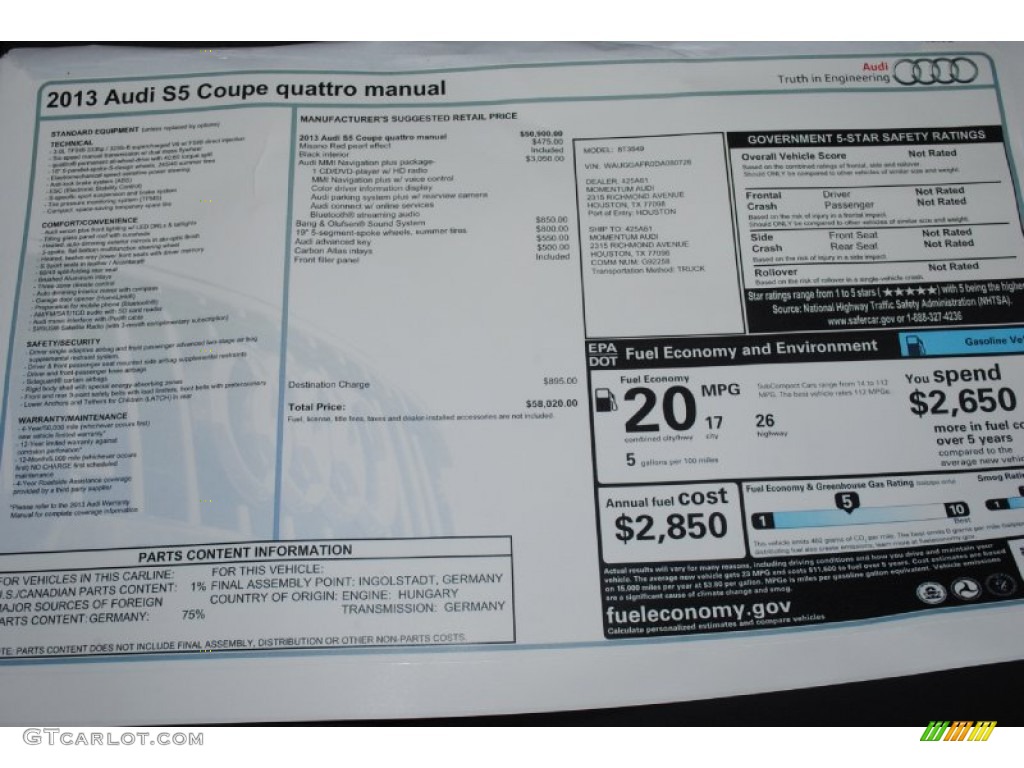 2013 Audi S5 3.0 TFSI quattro Coupe Window Sticker Photo #82882616