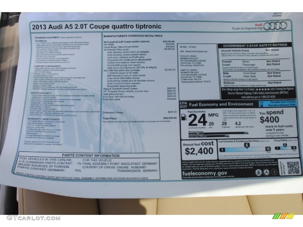 2013 Audi A5 2.0T quattro Coupe Window Sticker Photo #82883244