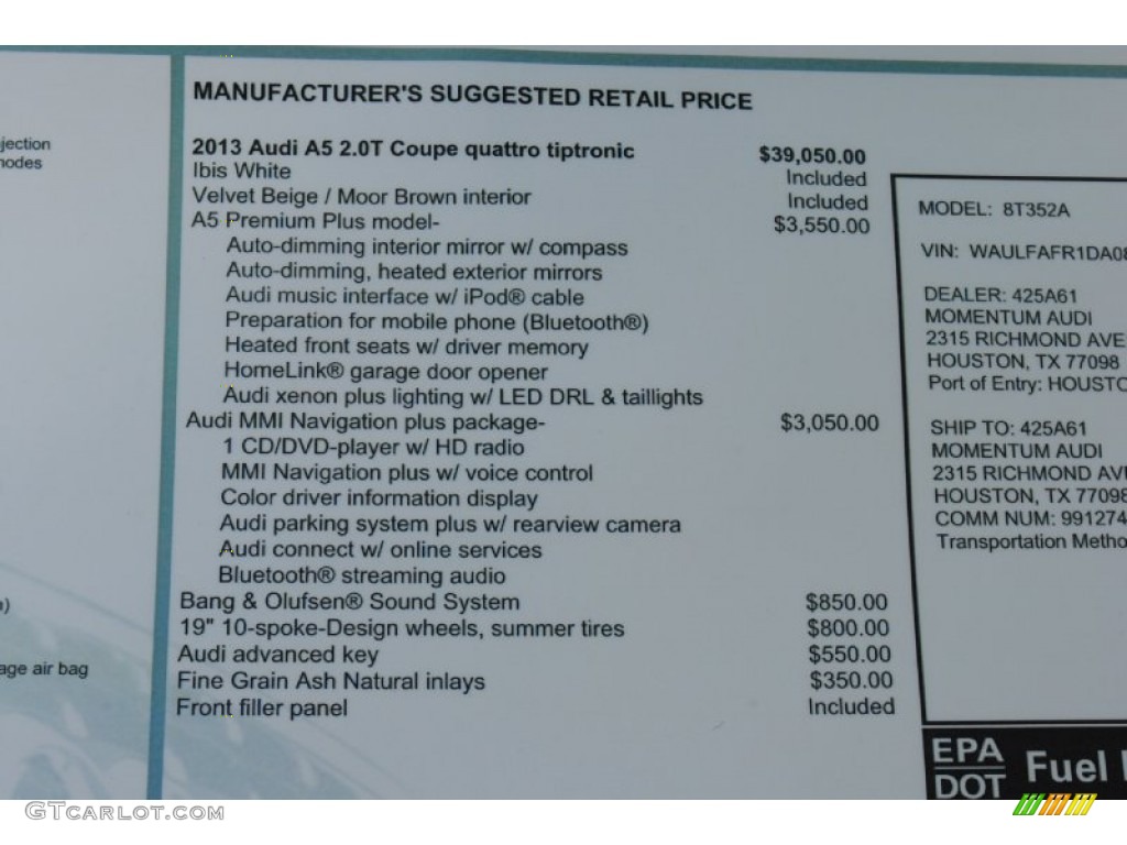 2013 Audi A5 2.0T quattro Coupe Window Sticker Photo #82883264