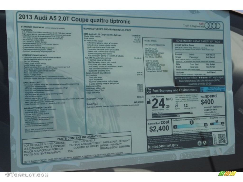 2013 Audi A5 2.0T quattro Coupe Window Sticker Photo #82884011