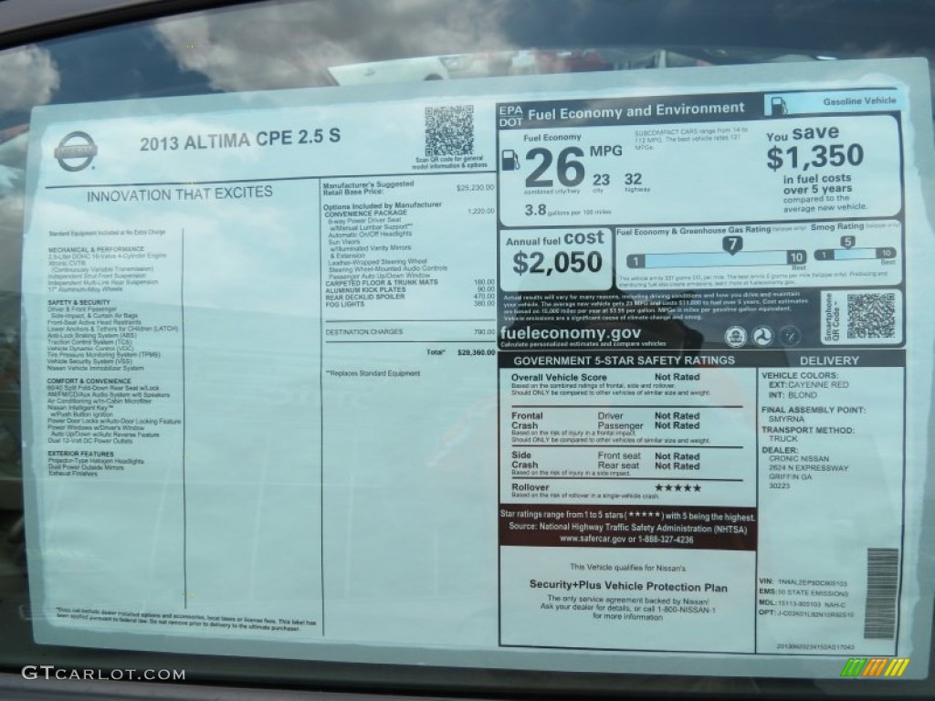 2013 Nissan Altima 2.5 S Coupe Window Sticker Photo #82887209