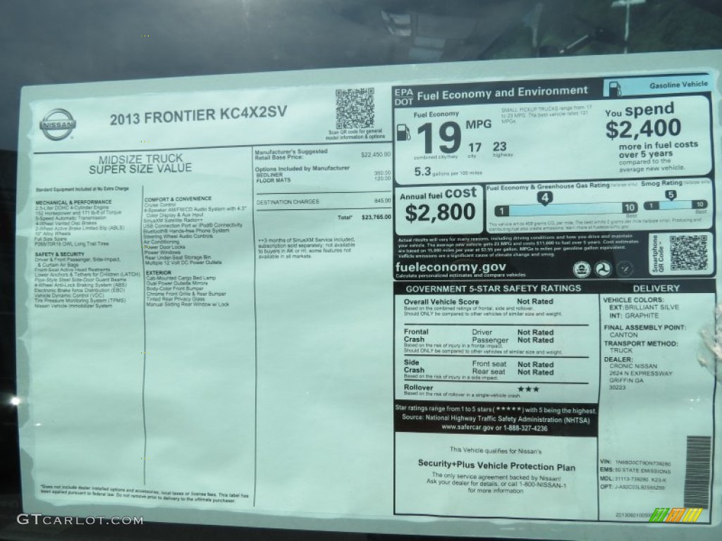 2013 Nissan Frontier SV King Cab Window Sticker Photo #82887803
