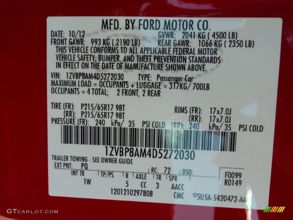 2013 Mustang Color Code PQ for Race Red Photo #82911092