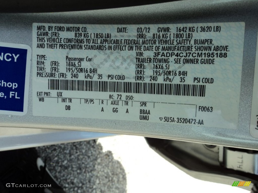 2012 Ford Fiesta SEL Sedan Color Code Photos