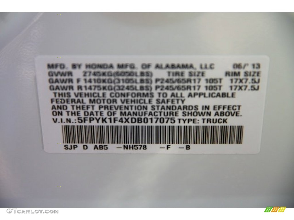 2013 Ridgeline Color Code NH578 for White Photo #82916678