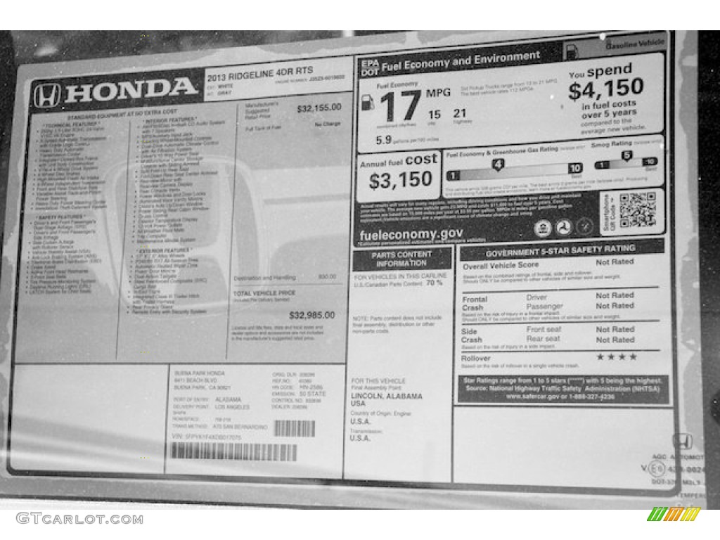 2013 Honda Ridgeline RTS Window Sticker Photo #82916696