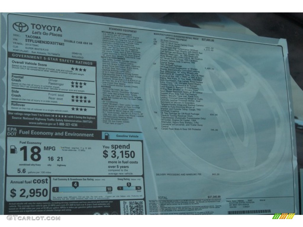 2013 Toyota Tacoma TX Pro Double Cab 4x4 Window Sticker Photo #82919015