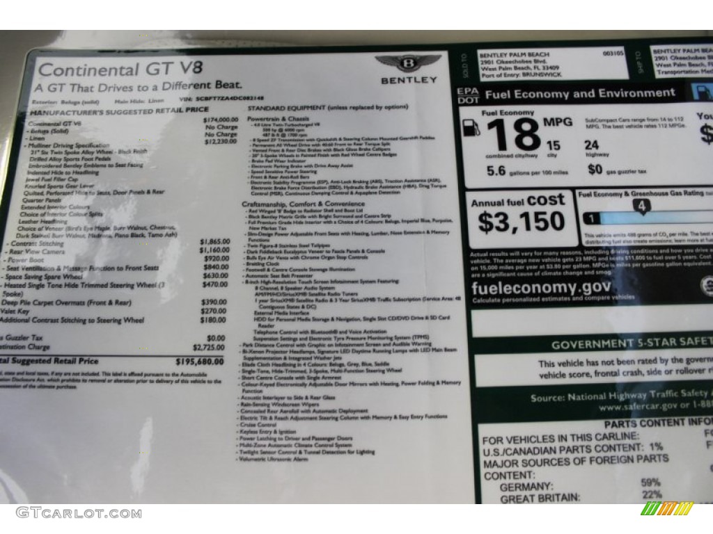 2013 Bentley Continental GT V8 Standard Continental GT V8 Model Window Sticker Photo #82930366