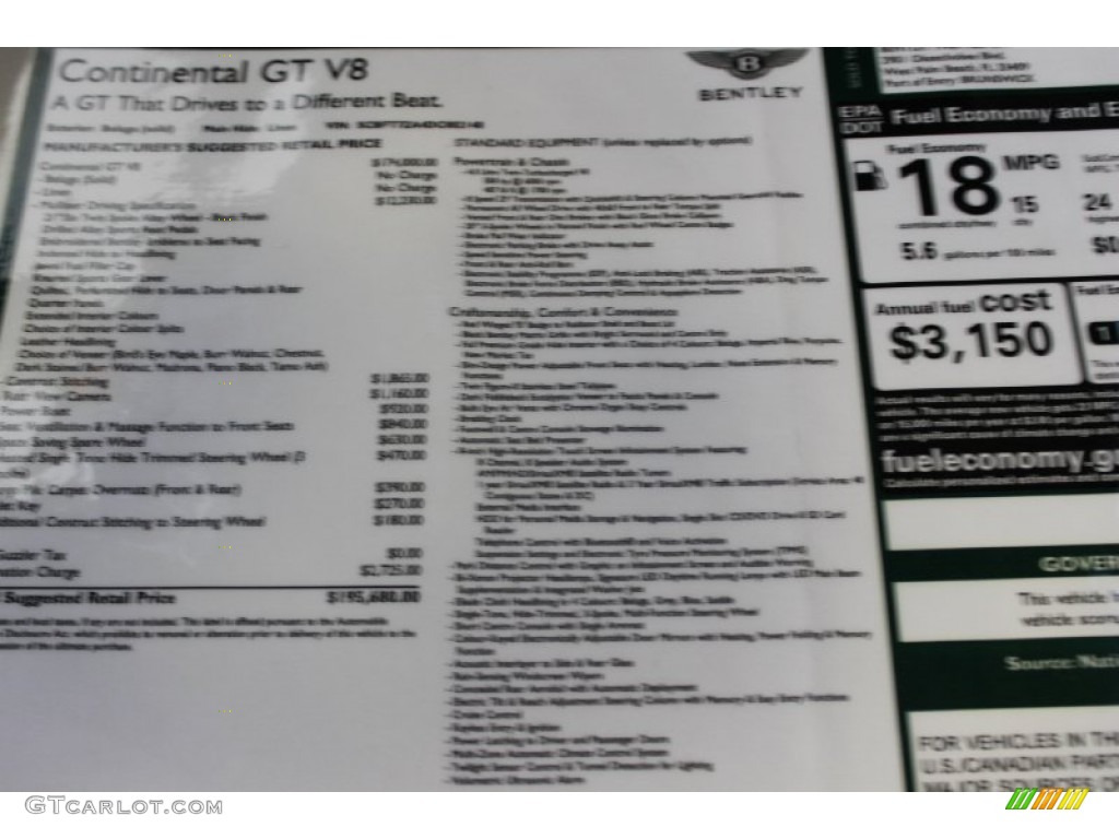 2013 Bentley Continental GT V8 Standard Continental GT V8 Model Window Sticker Photo #82930390