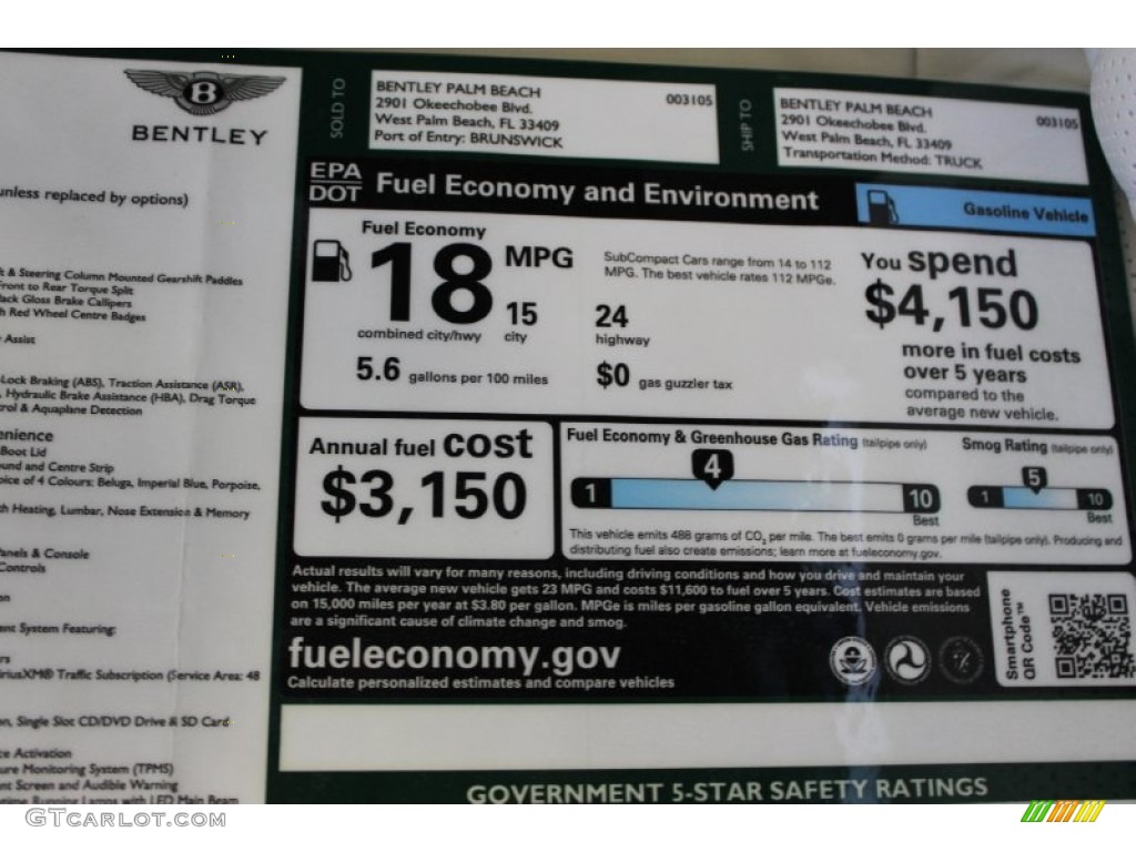 2013 Bentley Continental GT V8 Standard Continental GT V8 Model Window Sticker Photo #82930414