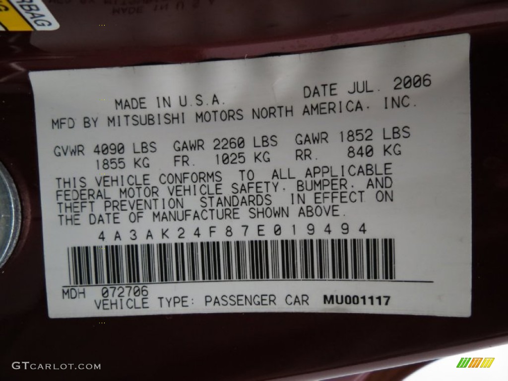 2007 Mitsubishi Eclipse GS Coupe Info Tag Photo #82934467