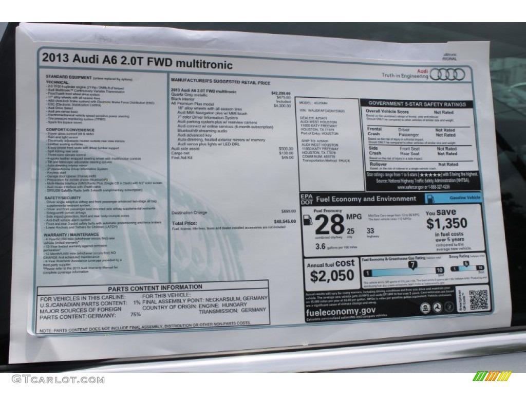 2013 Audi A6 2.0T Sedan Window Sticker Photo #82938770