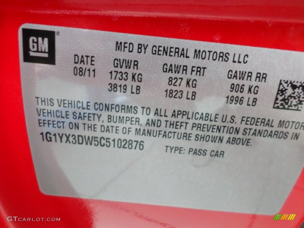 2012 Chevrolet Corvette Grand Sport Convertible Info Tag Photo #82940407