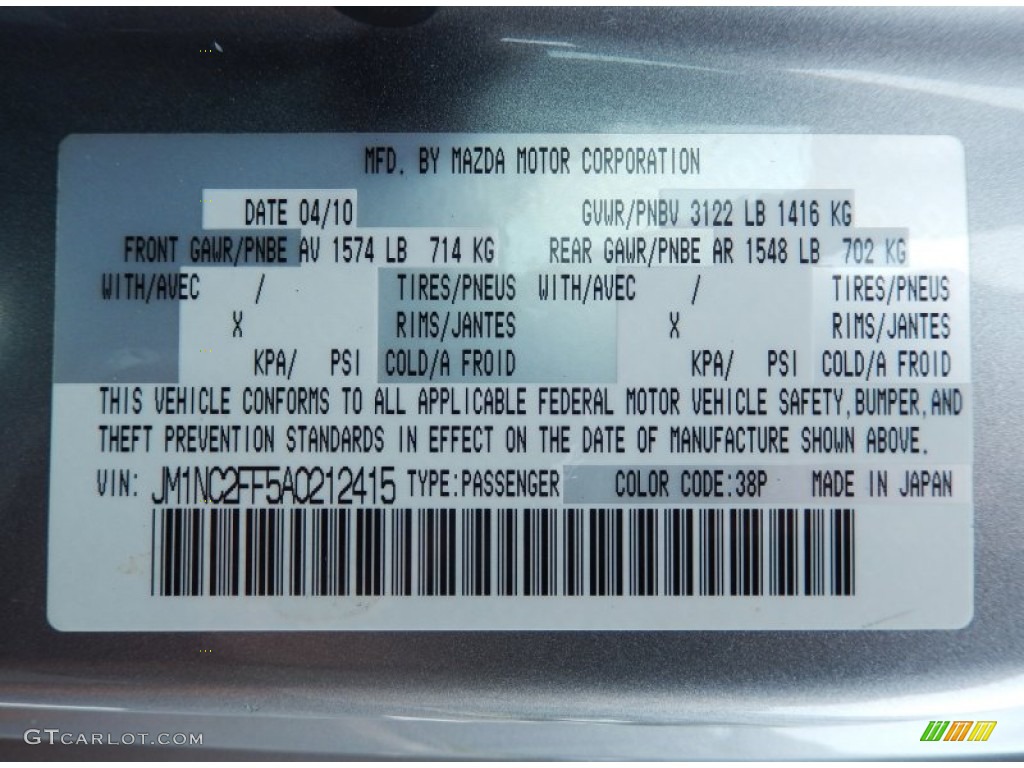2010 MX-5 Miata Color Code 38P for Liquid Silver Metallic Photo #82942674