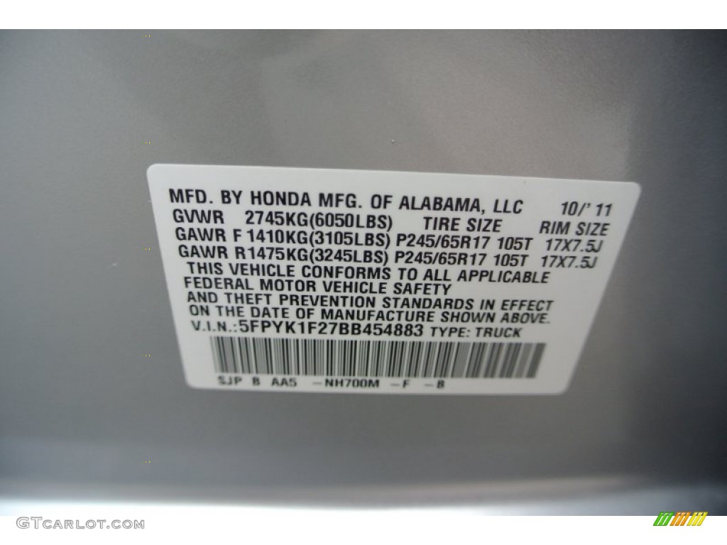 2011 Ridgeline Color Code NH700M for Alabaster Silver Metallic Photo #82943788