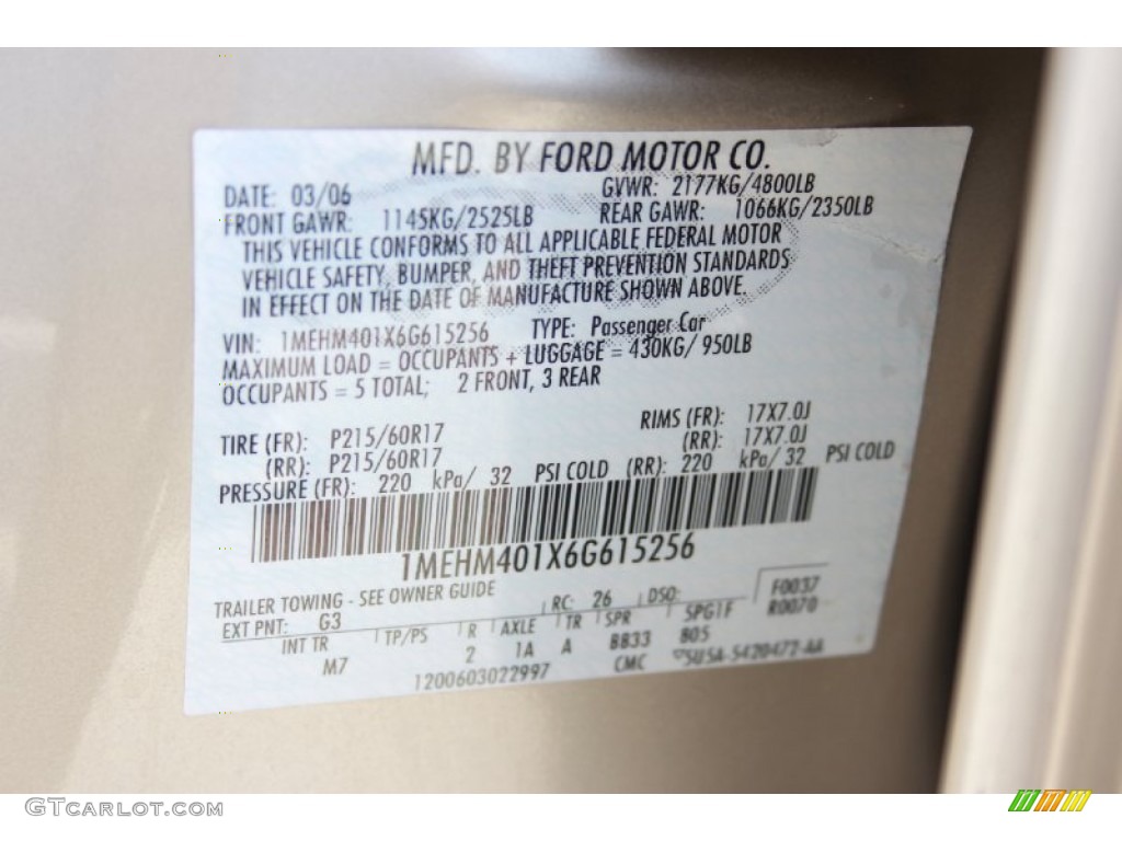 2006 Mercury Montego Luxury Color Code Photos