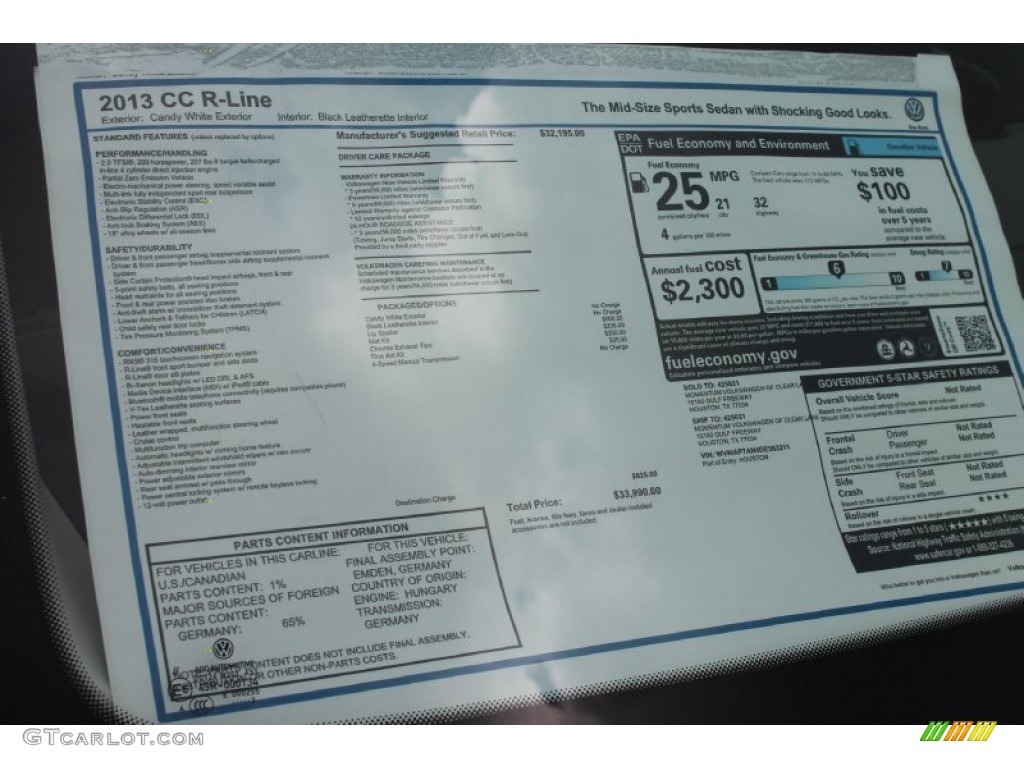 2013 Volkswagen CC R-Line Window Sticker Photos