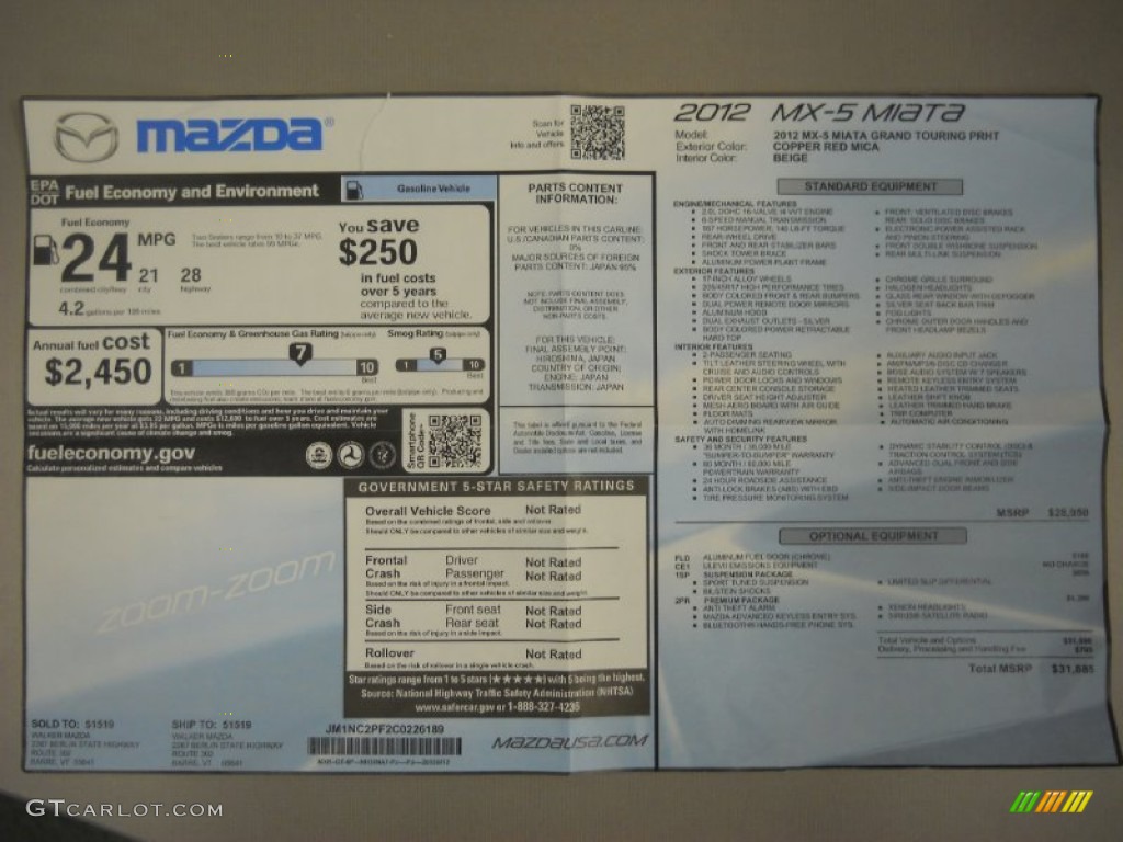 2012 Mazda MX-5 Miata Grand Touring Hard Top Roadster Window Sticker Photos