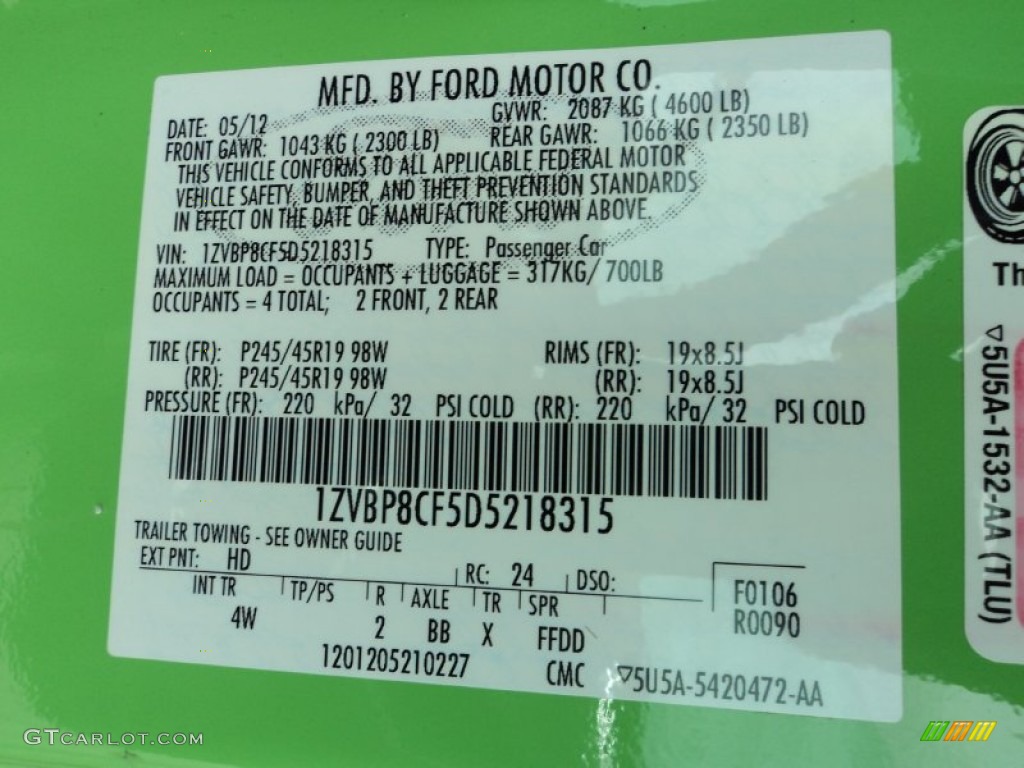 2013 Mustang Color Code HD for Gotta Have It Green Photo #83023749