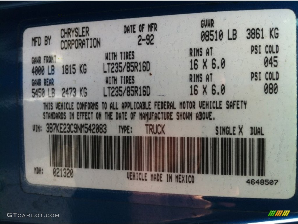 1992 Dodge Ram 250 LE Extended Cab Info Tag Photos